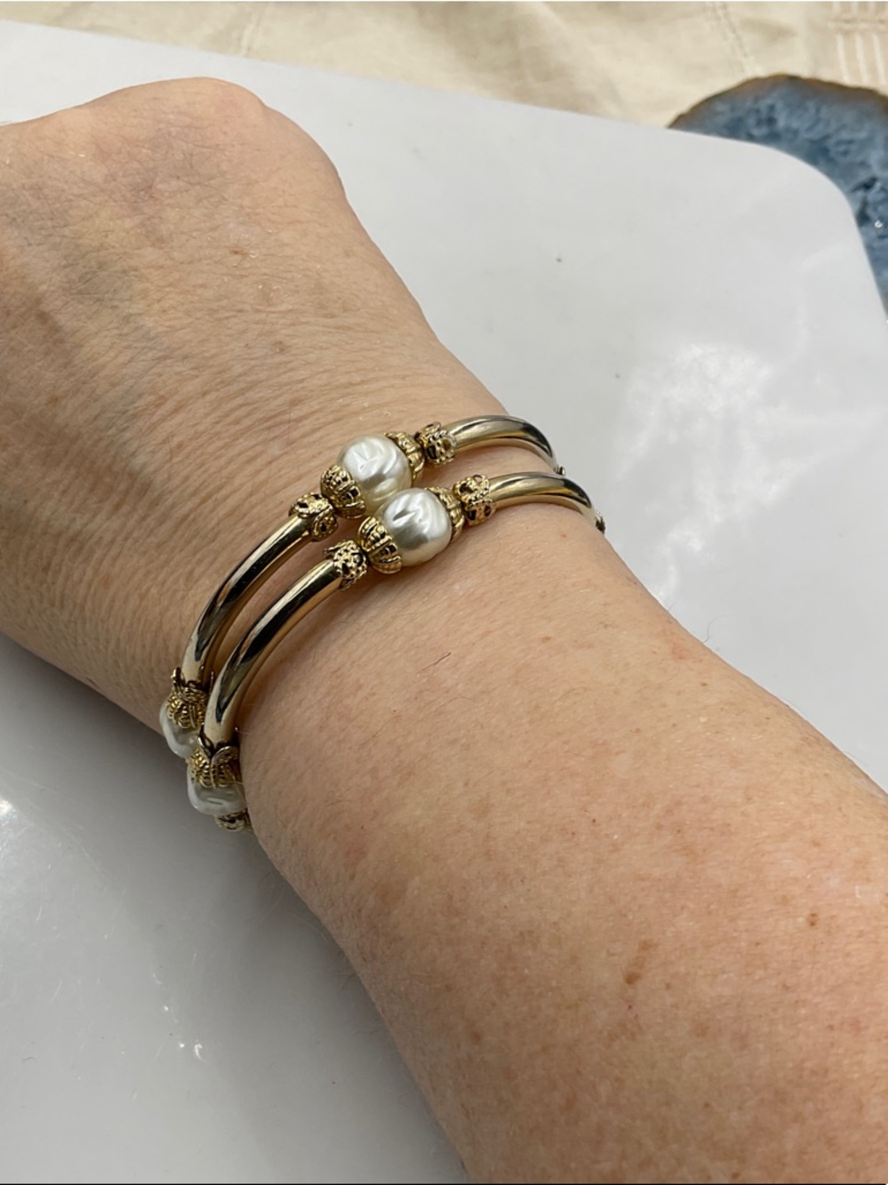 Elegant Gold Faux Pearl Double-Band Bracelet 6-8”(Memory Wire) - Picture 3 of 6